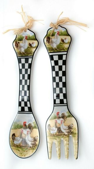 Vintage Large Ceramic Rooster & Hen Spoon And Fork Wall Hanging 4 " By 17 "