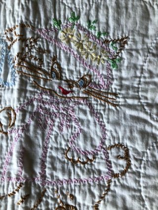 Vintage Hand Embroidered Baby Quilt Pink And White With Prairie Point 3