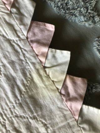 Vintage Hand Embroidered Baby Quilt Pink And White With Prairie Point 5