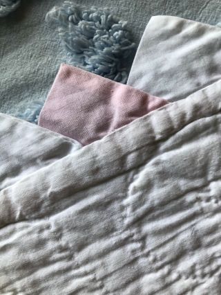 Vintage Hand Embroidered Baby Quilt Pink And White With Prairie Point 8