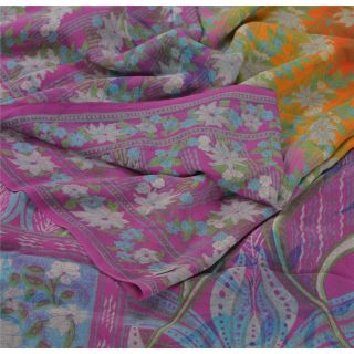 Sanskriti Vintage Purple Saree 100 Pure Crepe Silk Printed Fabric Craft Sari
