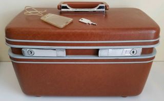Samsonite Vintage Hard Cosmetic Train Case Brown Complete Luggage Tag Tray & Key