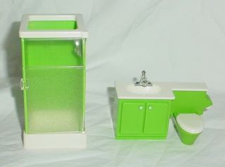 Vintage Fisher Price Little People Green Bathroom Toilet Sink Shower Dollhouse