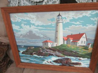 Vintage Paint By Number Lighthouse On The Coast In Wood Frame 18 By 24