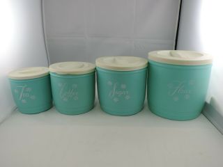 Aqua Turquoise And Cream Vintage Kitchen Canister Set Of 4 With Lids