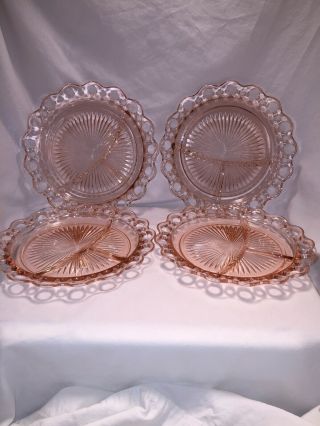 Vtg Anchor Hocking Set Of 4 Pink Depression Old Colony Open Lace Plates