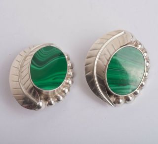 Vintage Taxco Mexico Sterling Silver 925 Malachite Earrings Modernist Feathers