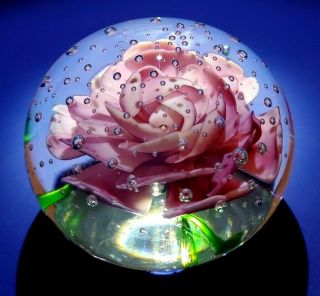 Vintage Hand Crafted Crystal Paperweight With Stunning Pink Rose Inside - Exc.  C