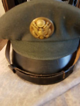 Vintage Us Army Dress Officer Green Hat With Black Visor Eagle Hat Badge 7 1/4