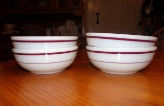 Set Of 4 Vintage Pyrex Double Tough Cereal Soup Bowls Ruby Stripe