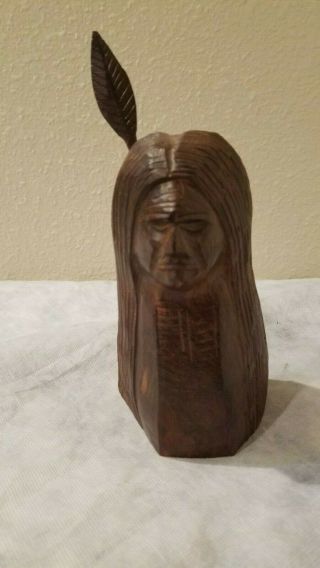 Vintage Iron Wood Hand Carved Indian Warrior Statue 8” With Feather