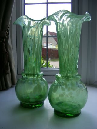 Large Vintage Hand Blown Green Glass Vases