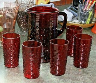 Vintage Ruby Red Dotted Pitcher With Five Tumblers