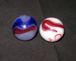 Vintage Akro Agate Co.  Oxblood Marble Pairing (2) - Incl.  A Blue Oxblood