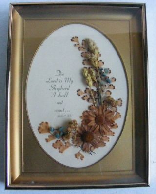 Vintage Dried Flower Art Gold Shadow Box Mary Bentch Psalm 23:1 Lord Shepherd