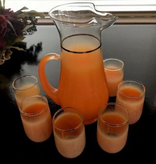Vtg Blendo Cocktail Pitcher Frosted Orange Set Roly Poly Glasses Set 6 Retro