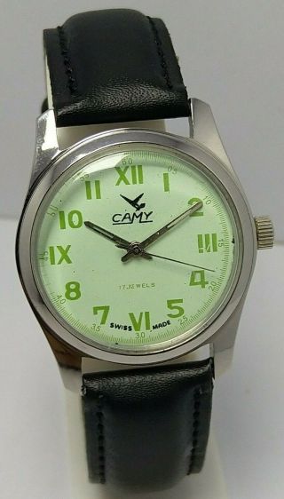 Swiss Made Vintage Camy Green Dial Hand Winding 17j Wrist Watch Men 