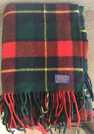 Vintage Pendleton Virgin Wool Plaid Blanket Throw 52x72 Fringe Green Red Blue