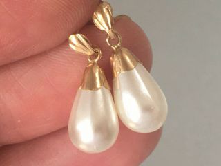 Vintage 9ct Solid Gold & Large Faux Pearl Drop Dangly Stud Earrings