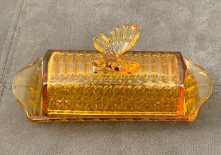 Circleware Amber Glass Butterfly Butter Dish Kitchen Retro Vintage Look