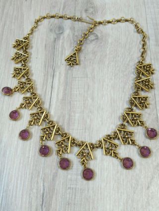 Vintage Goldette Egyptian Revival Style Necklace Amethyst Bezel Glass Jewels