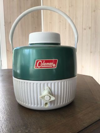 Vintage Coleman 1 Gallon Green & White Water Cooler Jug W/ Spout Camping
