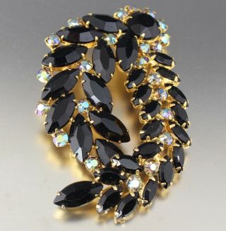 Vintage 50’s Black Crystal Glass Rhinestone Bead Brooch Pin D&e Juliana