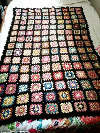 Vtg Afghan Handmade Crochet Black Granny Square Throw Lap Blanket 60 X 42 Wool