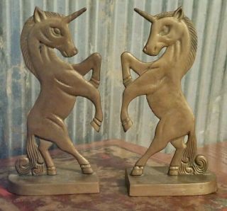 Brass Unicorn Bookends Set Of 2 7 " Tall Vintage 1970 