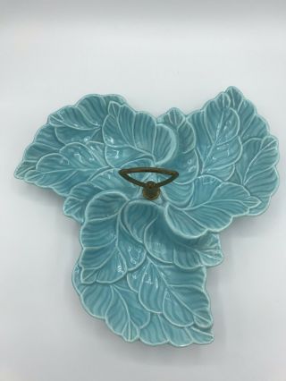 Vintage California Pottery Turquoise Three Divided Leaf Dish W/ Handle