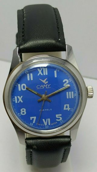 Swiss Made Vintage Camy Blue Dial Hand Winding 17j Wrist Watch For Men 
