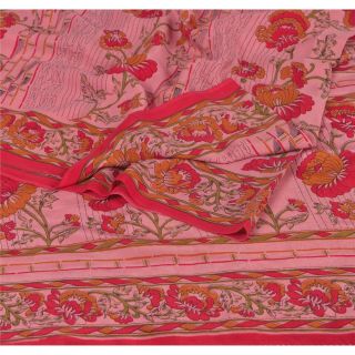 Sanskriti Vintage Pink Saree Pure Crepe Silk Printed Sari Craft Soft Fabric