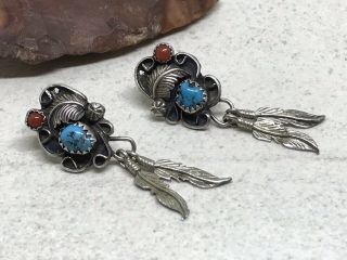 Vintage Old Pawn Navajo Sterling Turquoise Coral Feather Dangle Earrings