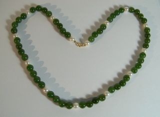 Pearl & Jade Bead Necklace With 14k Clasp Vintage