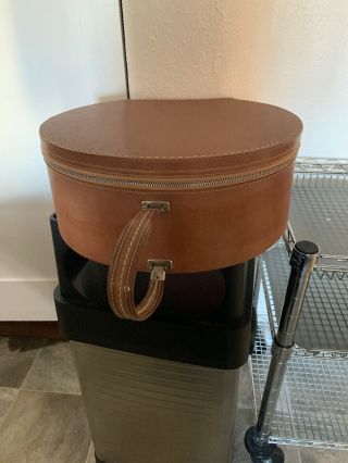 Vintage Travins Round Brown Luggage Train Hat Box Zippered Suitcase