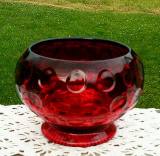 Vintage Fenton Glass Ruby Red Coin Dot Rose Bowl With Footed Base