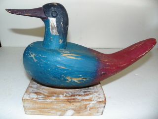 Vintage 12 1/2 " Wooden Duck Decoy Display Bird On Wooden Stand