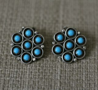 Vintage Native American Zuni Turquoise Sterling Silver Clip On Earrings