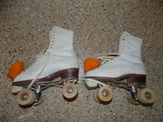 Vtg 50 ' s Chicago Roller Skates Womens 6 Wood Wheels White Leather Boots GC 4
