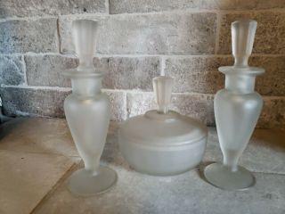219 Vintage Satin Glass Perfume Bottle Decanter Stopper Powder Jar Vanity Set