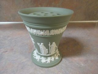 Vintage Wedgwood Jasperware Sage Green Trumpet Vase W/flower Frog