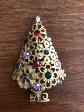 Vintage 60s Signed Mylu Christmas Tree Pin Brooch Gold Tone With Colored Rhinest