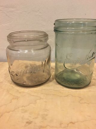 Vtg 2 Canning Jars - Eureka Green Color To Glass - Economy Canning Jar No Lids
