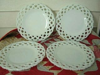 Four Vintage Plates Forget Me Not Open Lace Milk Glass By Westmoreland