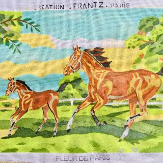 Vintage French Needlepoint Canvas Horses Colt Country Farm Landscape