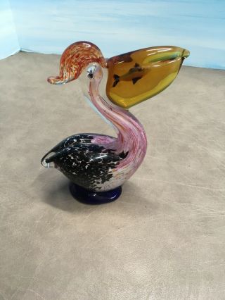 Vintage Murano Style Italy Art Glass Pelican with Orange Fish in Throat Pouch 5