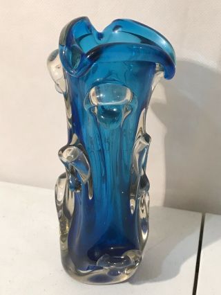 Unique Vintage Multi - Hued Blown Heavy Art Beveled Glass Vase