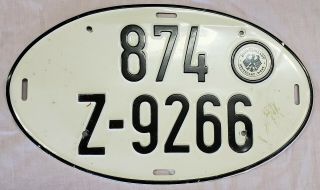 Vintage German License Plate Oval Shape 874 Z - 9266 From The 1960 