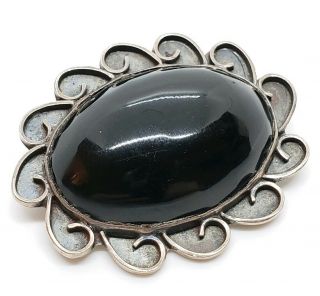 Vintage Signed Eab 925 Sterling Silver Mexico Black Onyx Cabochon Floral Brooch