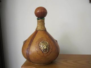 Vintage Leather Wrapped Wine Bottle Decanter Lions Head Made In Italy.